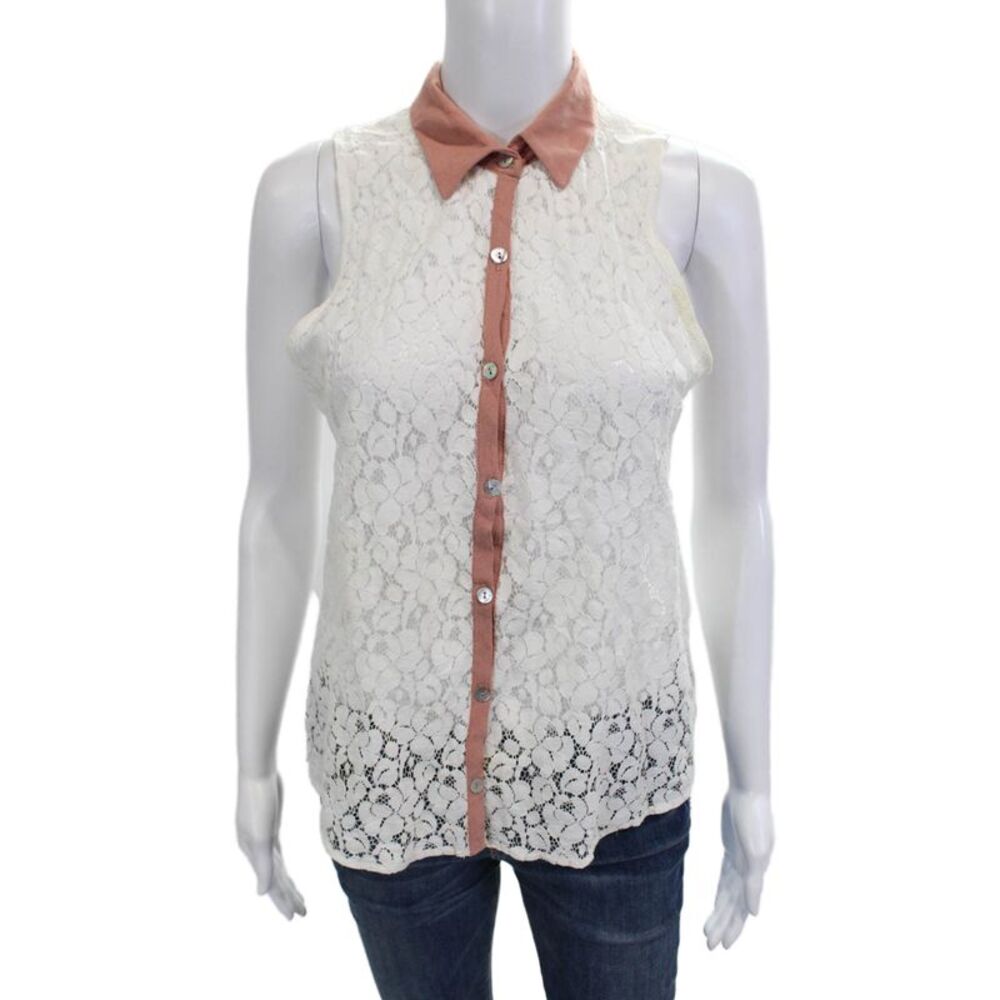 Solemio Womens Boho Floral Sleeveless Button Up Tank White Size S